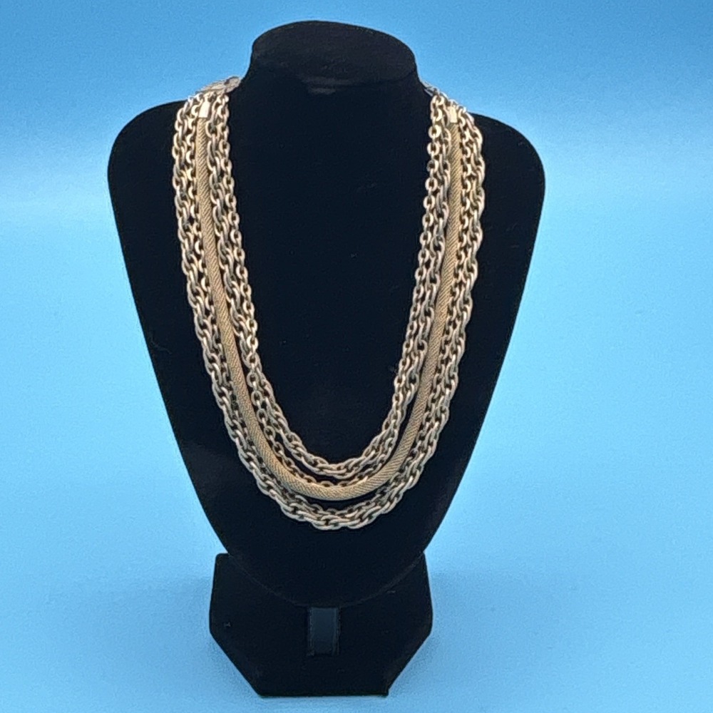 Vintage Signed Multi Strand Gold Tone Chain Necklace Mixed Link Mesh 1970s
